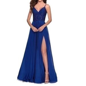NEW LA FEMME Marine Blue Sparkle Lace Chiffon Gown